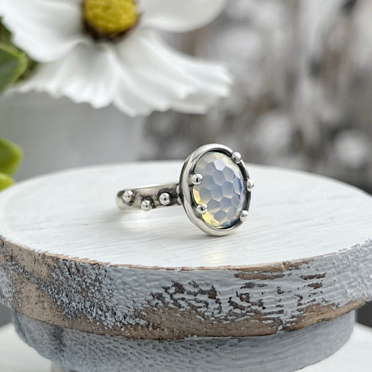 Sterling Silver Oval Honeycomb Rose-cut Opalite Ring