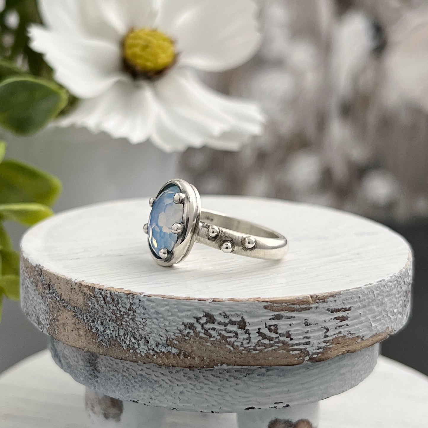 Sterling Silver Oval Honeycomb Rose-cut Opalite Ring