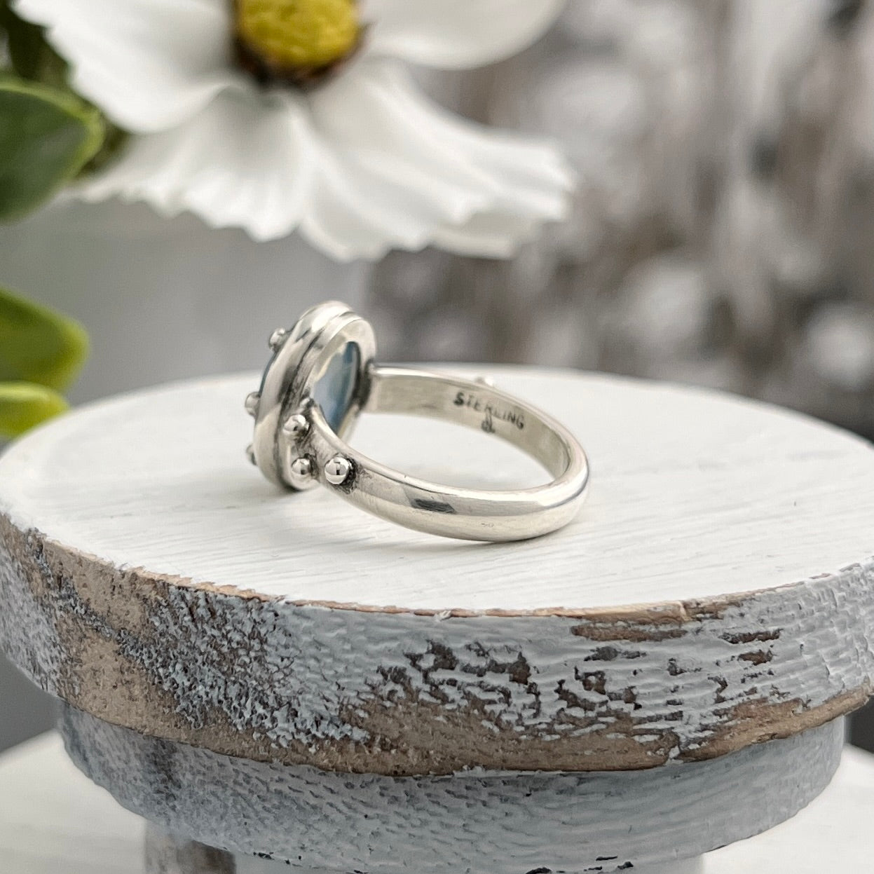 Sterling Silver Oval Honeycomb Rose-cut Opalite Ring