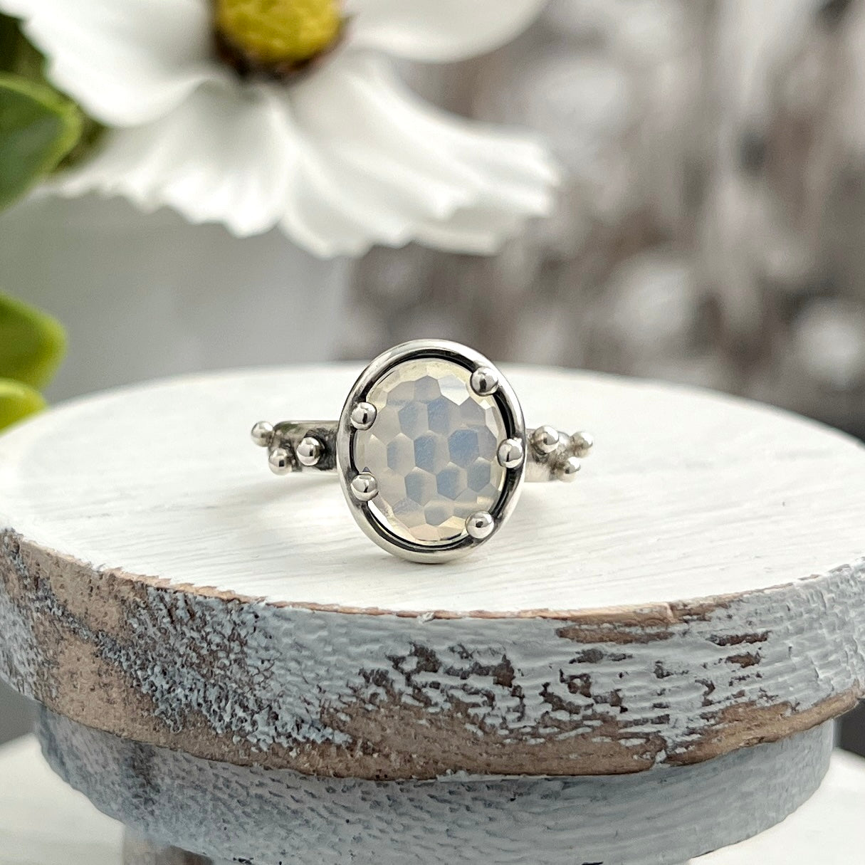 Sterling Silver Oval Honeycomb Rose-cut Opalite Ring