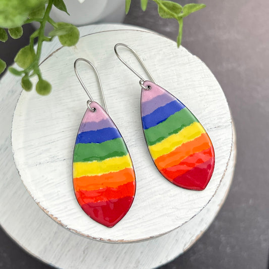 Pointed Teardrop Rainbow Striped Enamel Earrings