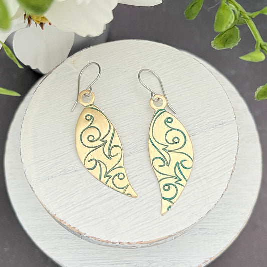 Brass Drop Earrings with Swirly Hand Stamped Design