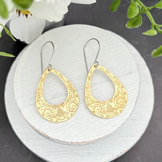 Open Teardrop Hand Stamped Earrings