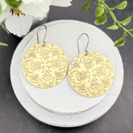 Brass Hand Stamped Mandala Earrings
