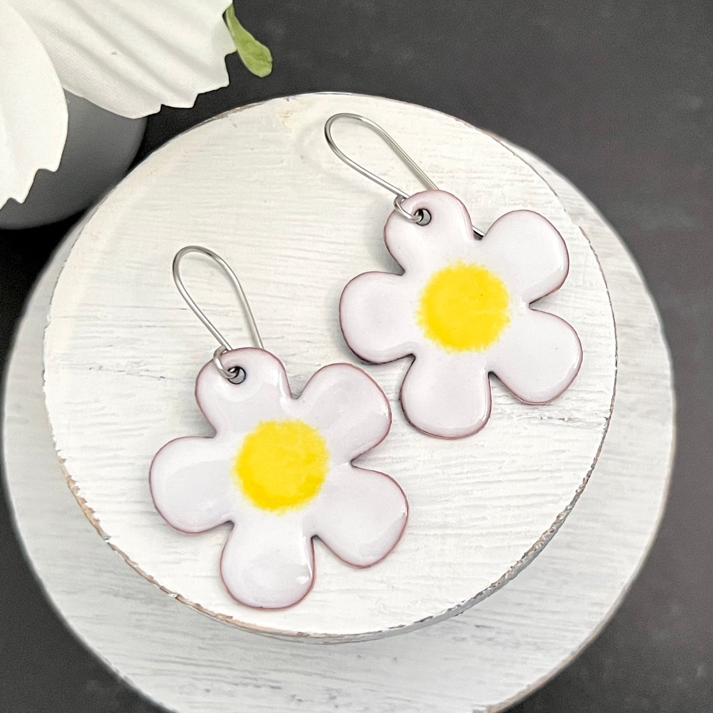 Rounded Five Petal Enamel Flower Earrings