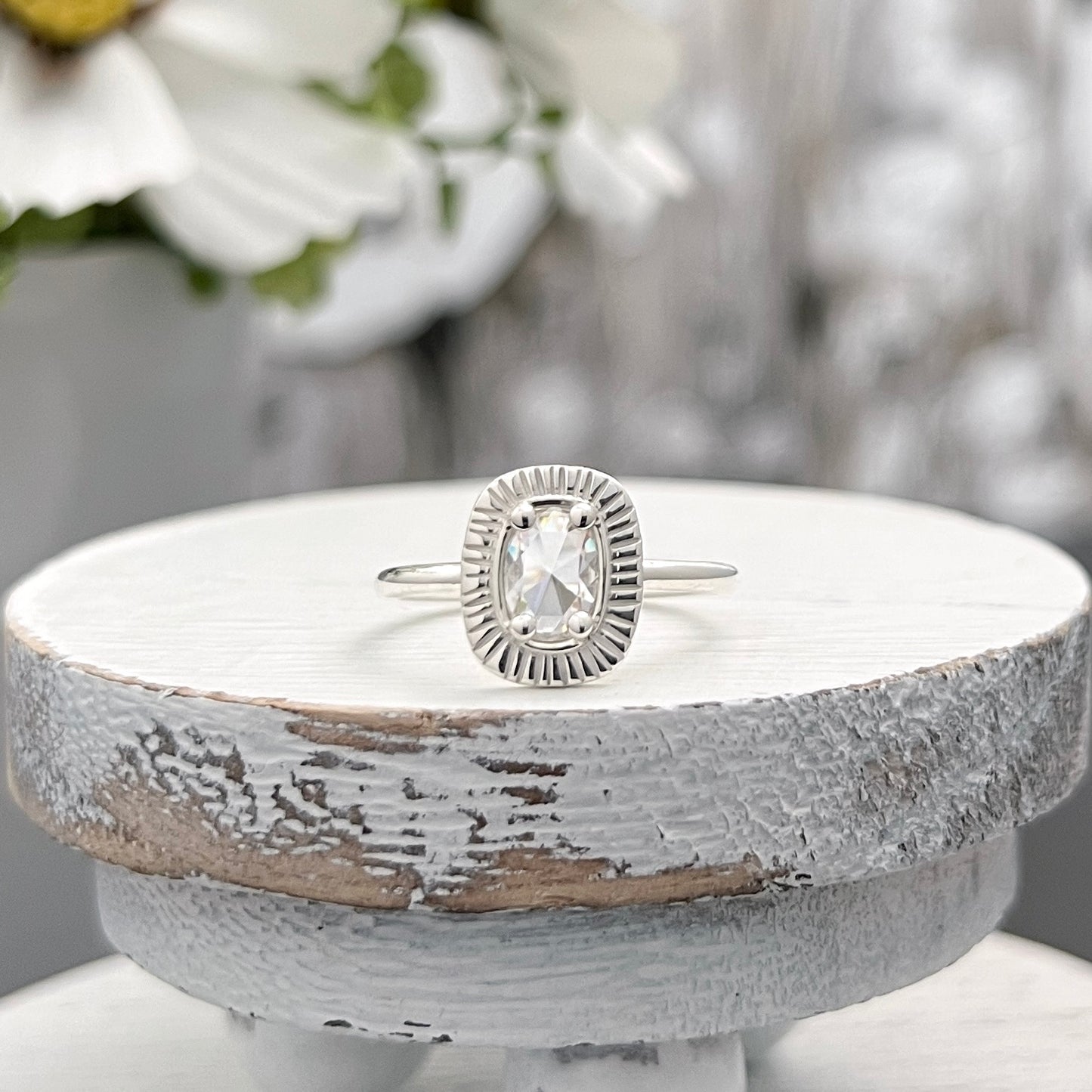 Sterling Silver Cushion Rose-Cut Moissanite Ring
