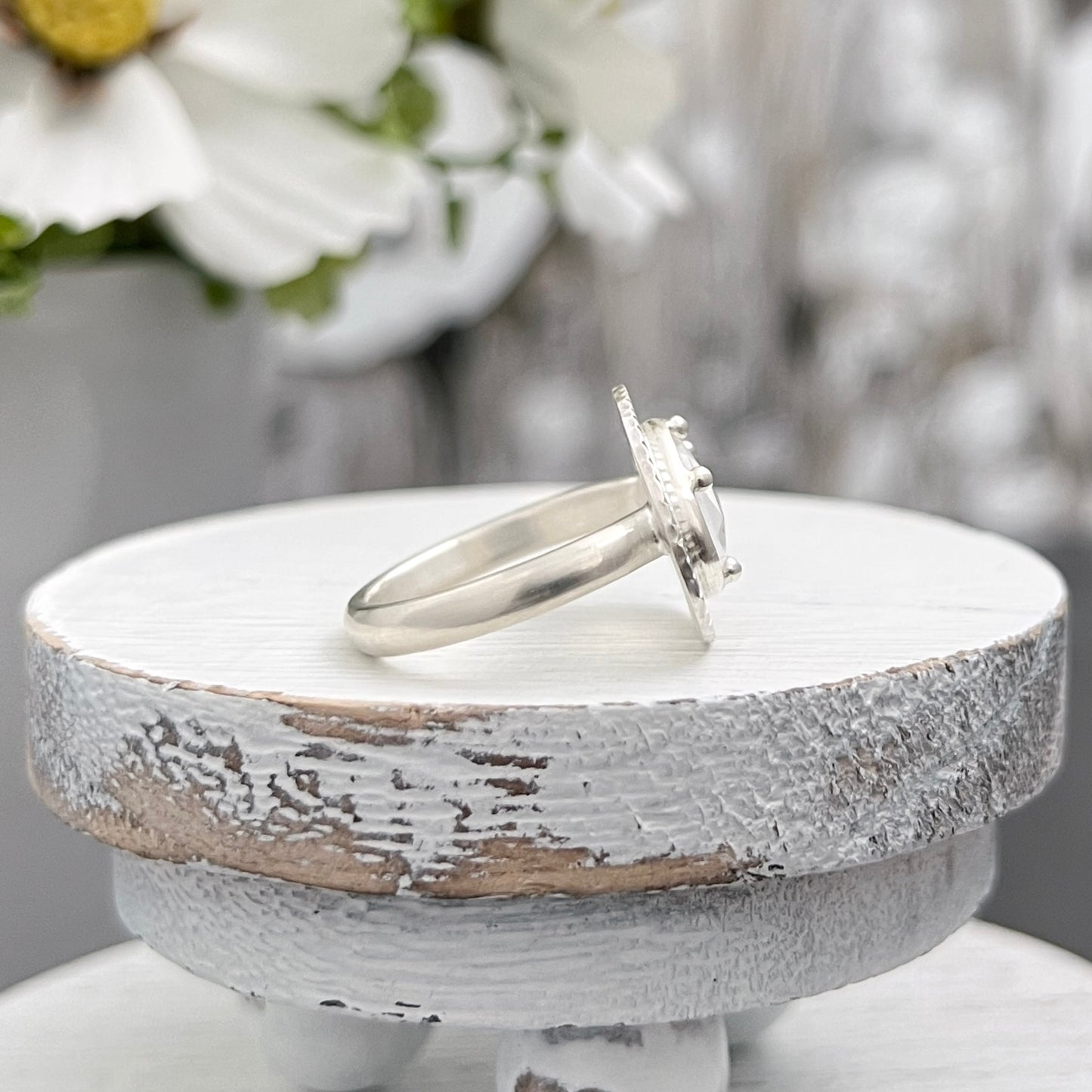 Sterling Silver Rainbow Moonstone Ring with Radiating Lines