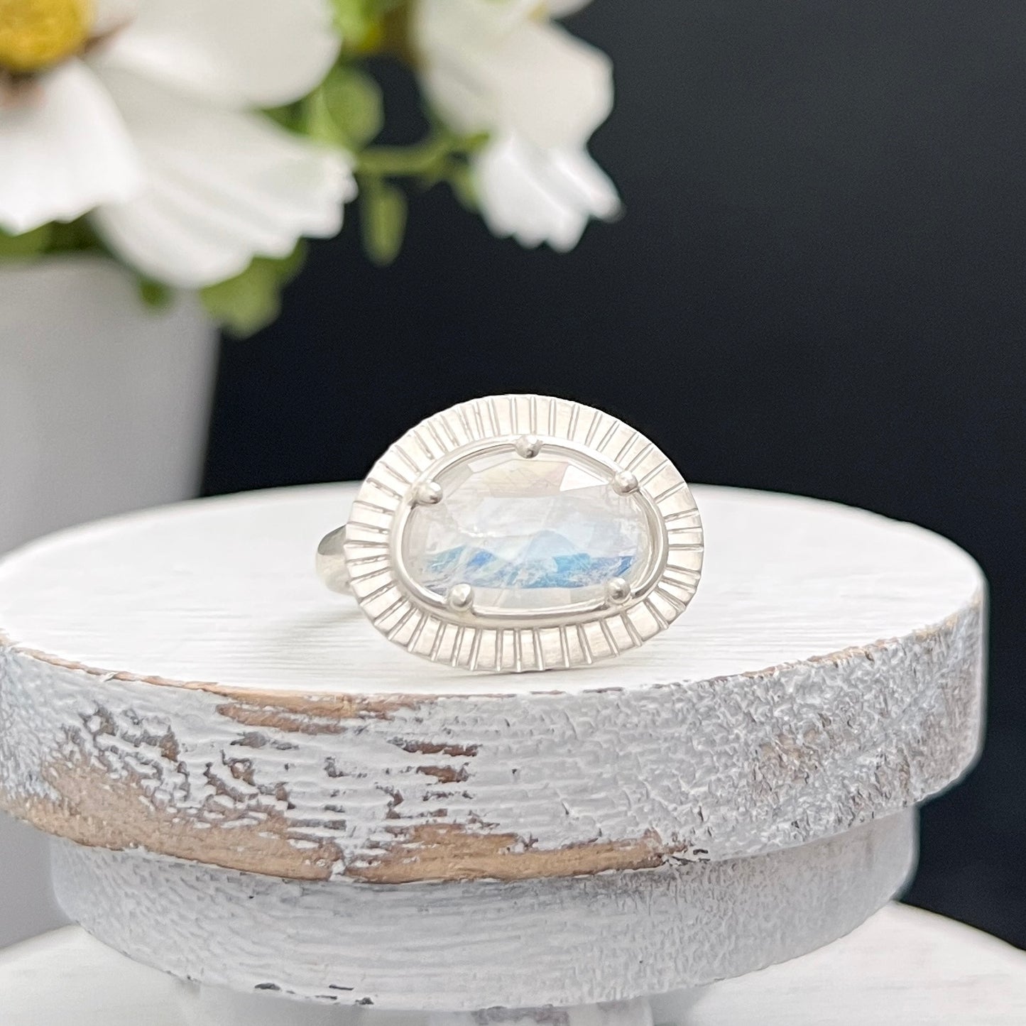 Sterling Silver Rainbow Moonstone Ring with Radiating Lines
