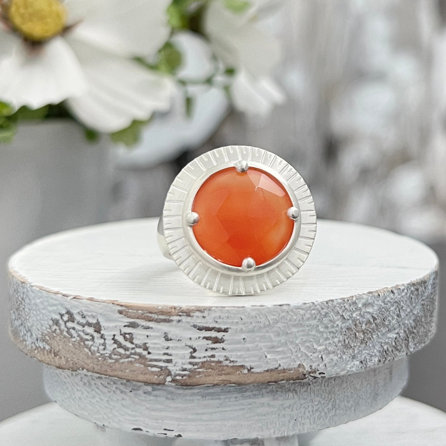 Sterling Silver Carnelian Agate Ring With Stamped Frame