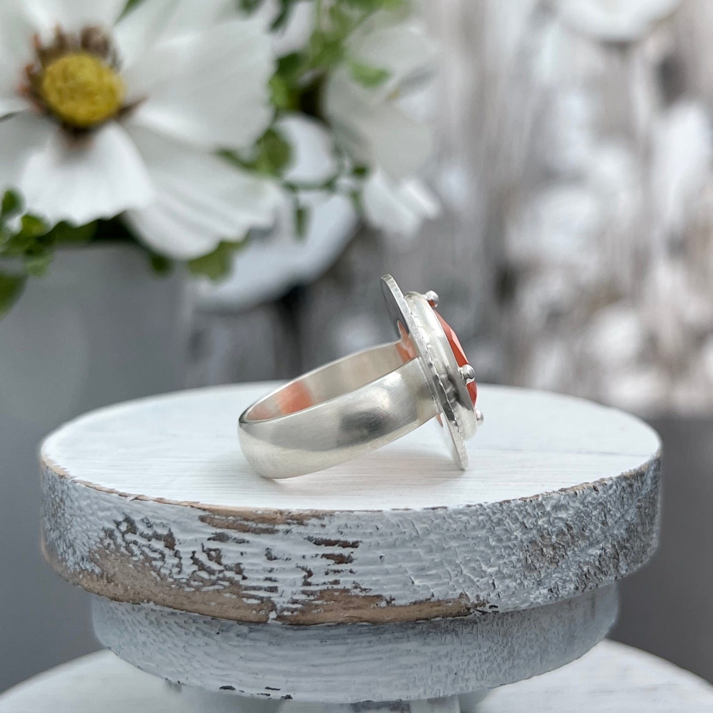Sterling Silver Carnelian Agate Ring With Stamped Frame