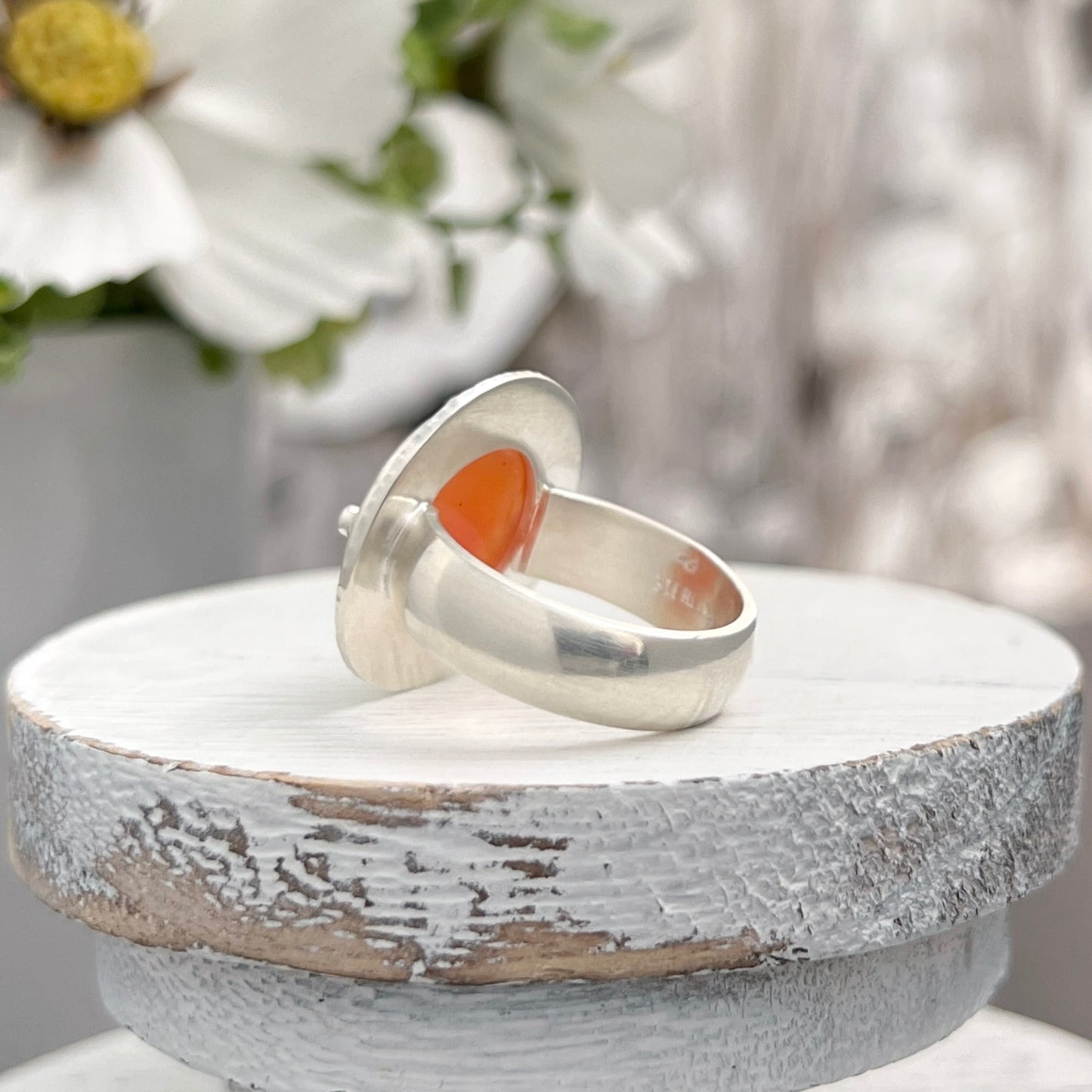 Sterling Silver Carnelian Agate Ring With Stamped Frame
