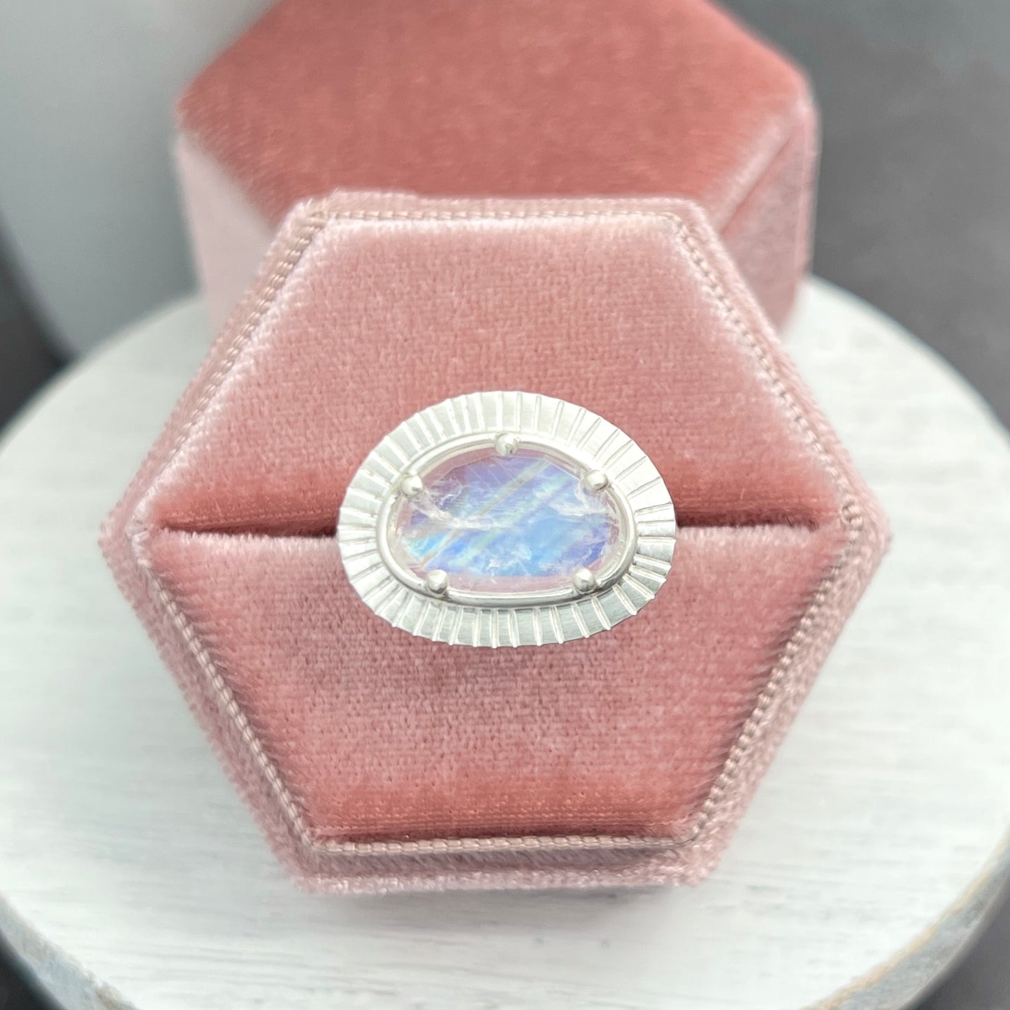 Sterling Silver Rainbow Moonstone Ring with Radiating Lines
