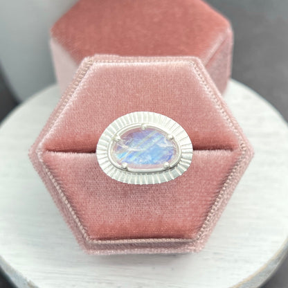 Sterling Silver Rainbow Moonstone Ring with Radiating Lines