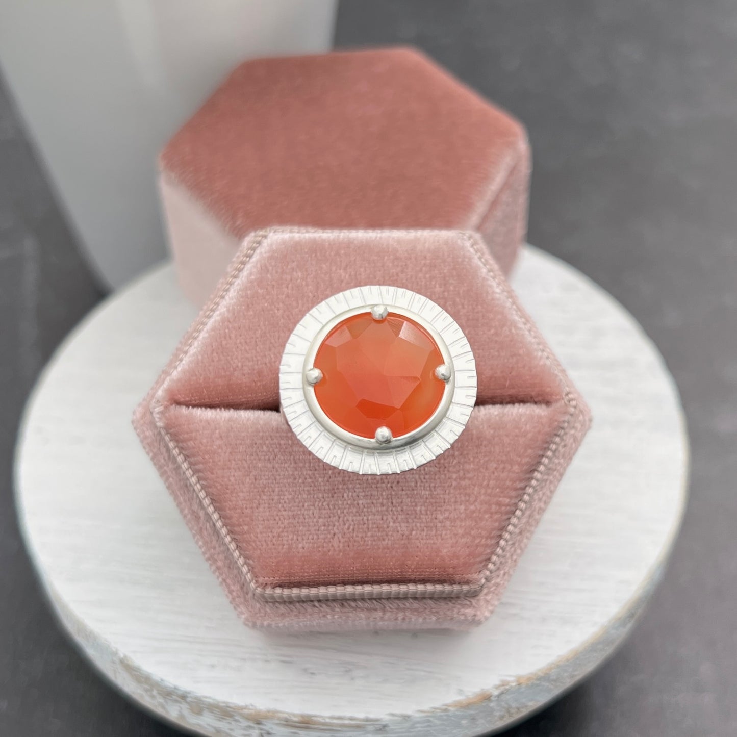 Sterling Silver Carnelian Agate Ring With Stamped Frame