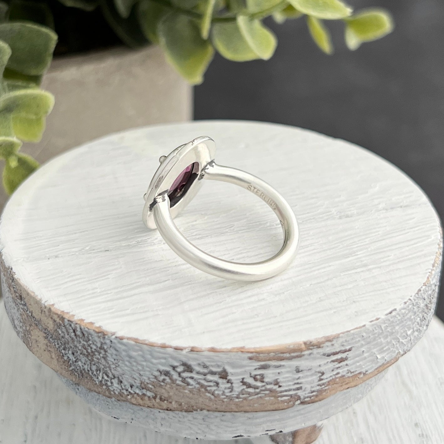 Sterling Silver Oval Rose-Cut Rhodolite Garnet Ring