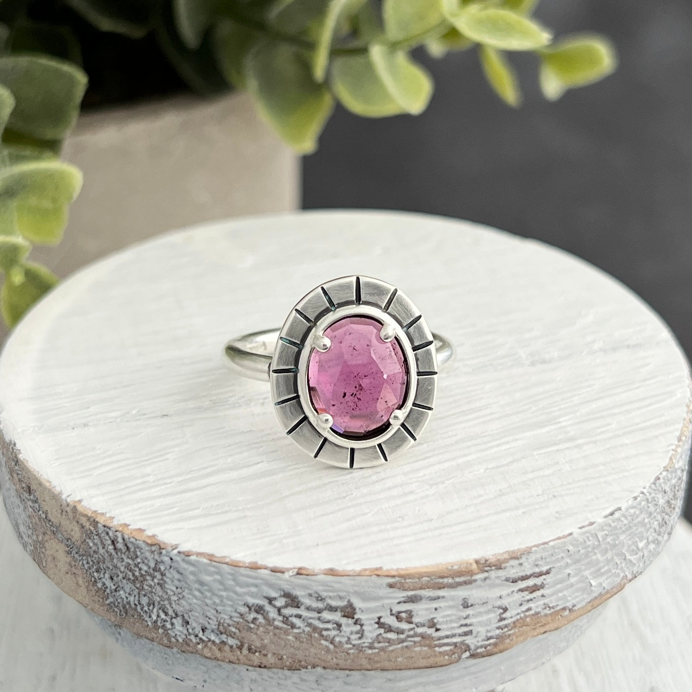 Sterling Silver Oval Rose-Cut Rhodolite Garnet Ring