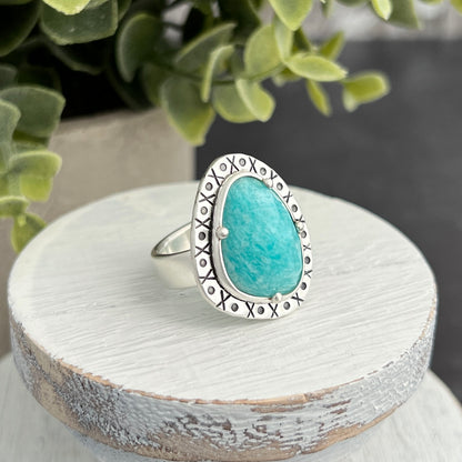 Sterling Silver Amazonite Ring with Decorative Frame
