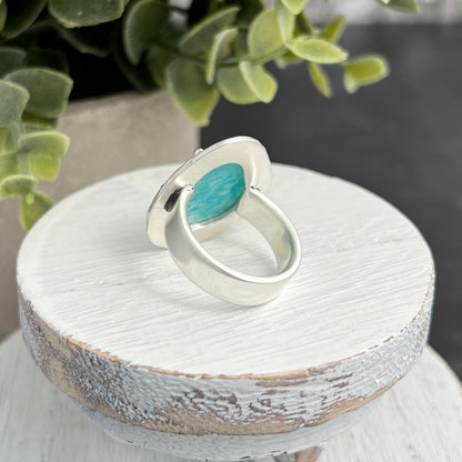 Sterling Silver Amazonite Ring with Decorative Frame