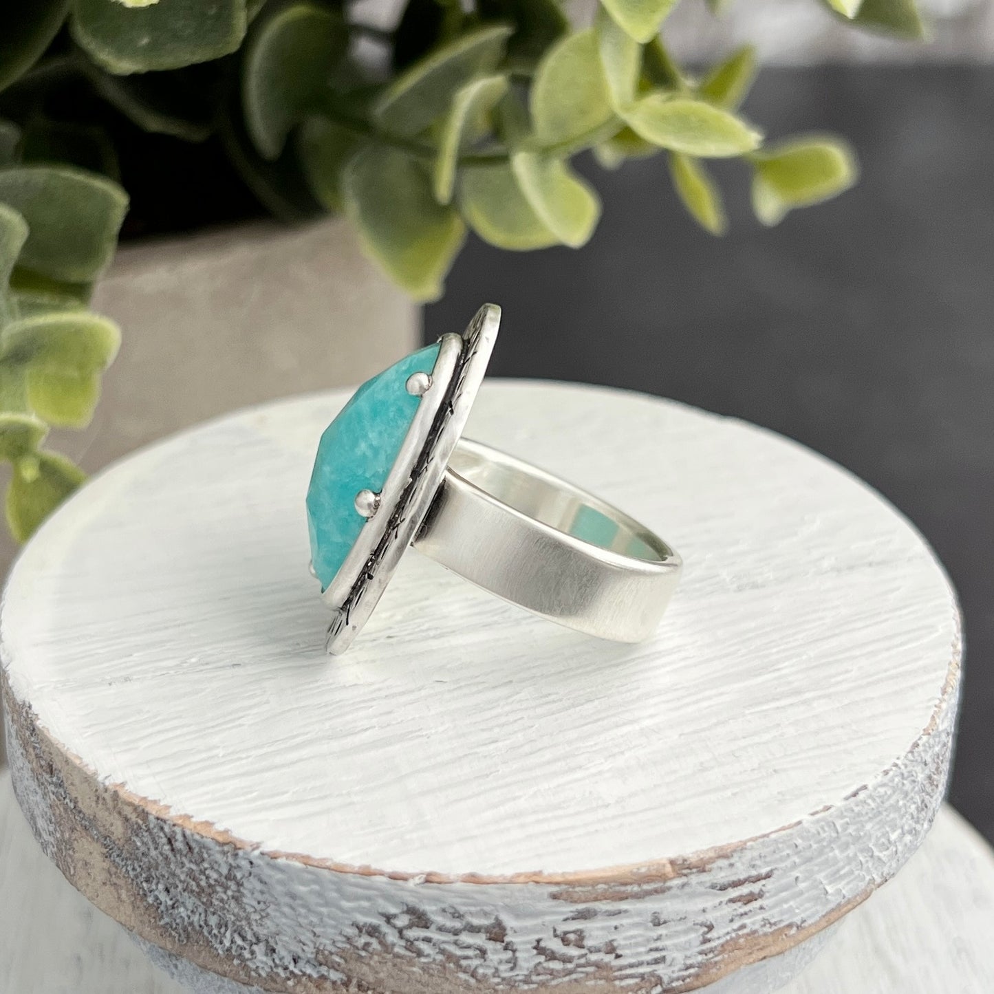 Sterling Silver Amazonite Ring with Decorative Frame