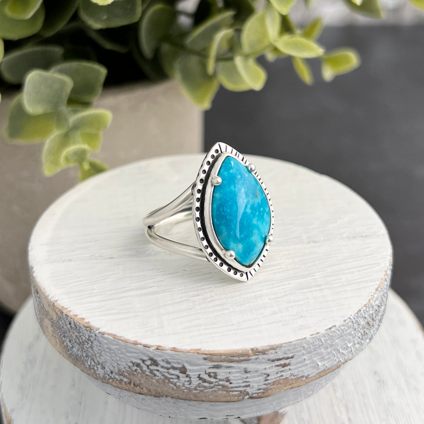 Sterling Silver Marquise Turquoise Ring with Decorative Frame
