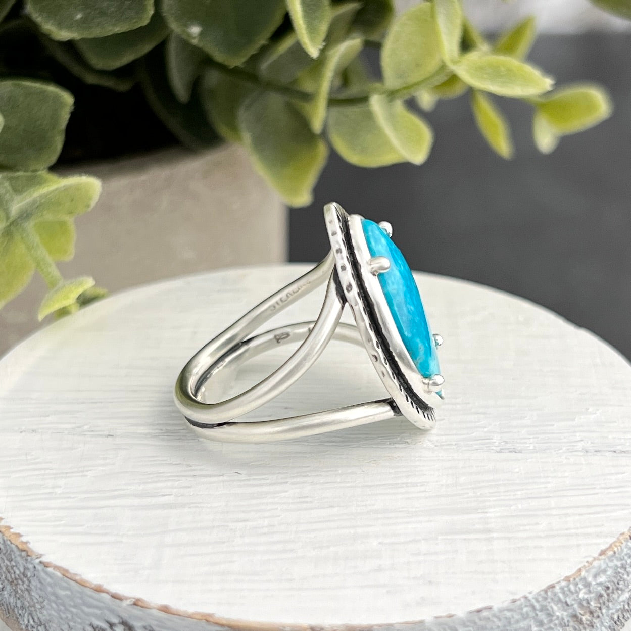 Sterling Silver Marquise Turquoise Ring with Decorative Frame