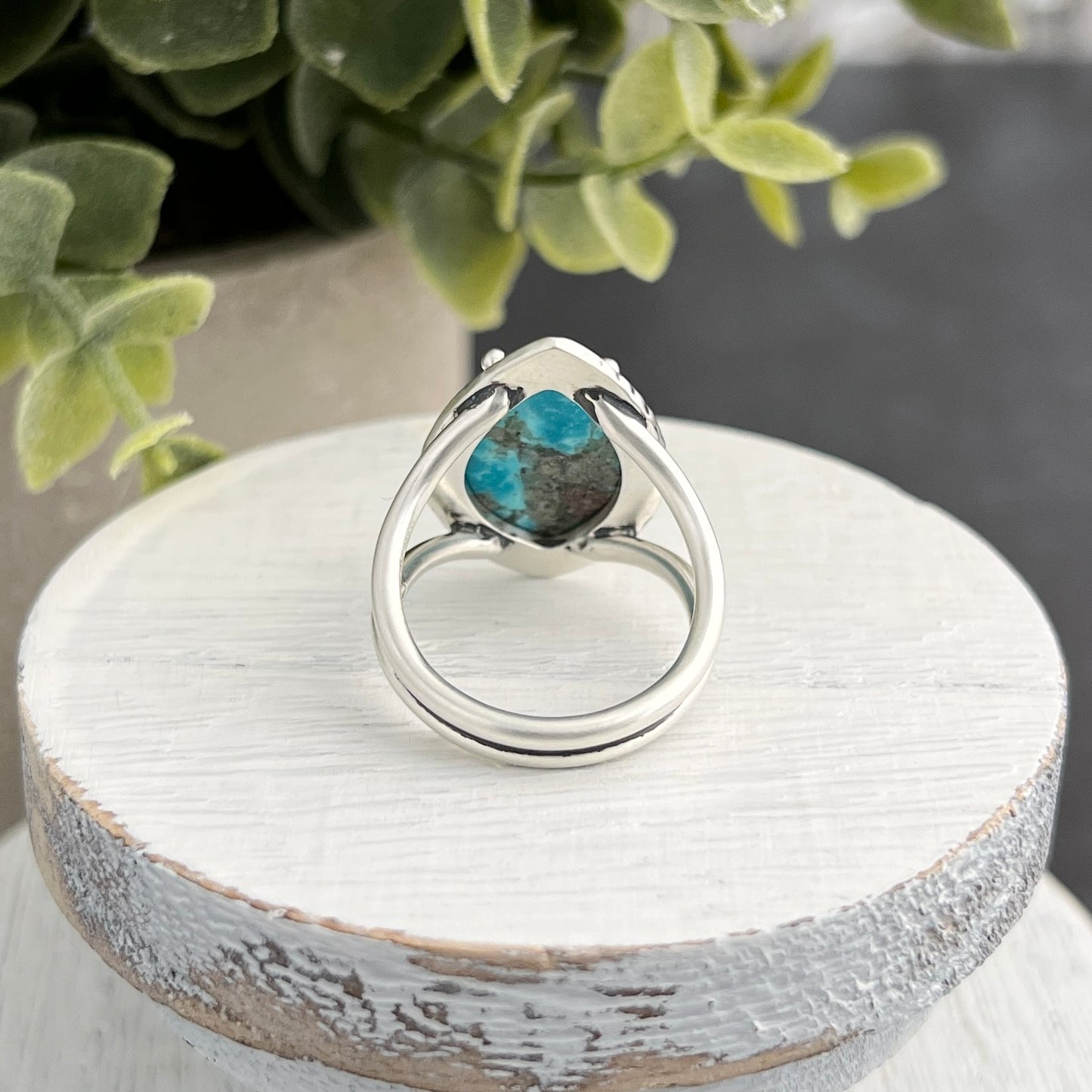 Sterling Silver Marquise Turquoise Ring with Decorative Frame