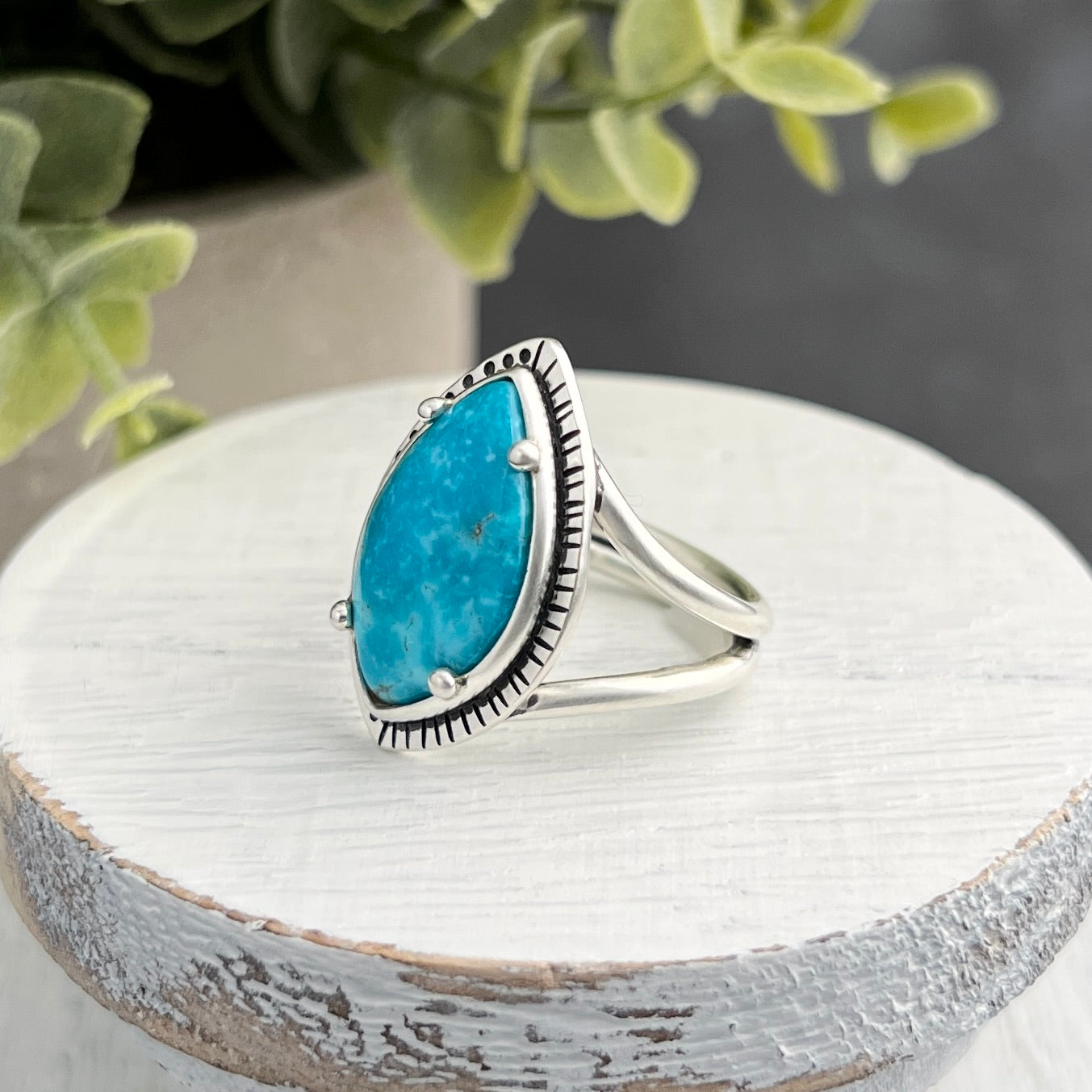 Sterling Silver Marquise Turquoise Ring with Decorative Frame
