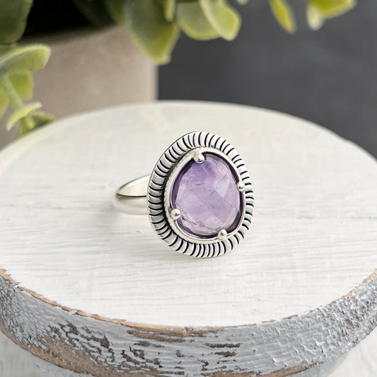 Sterling Silver Amethyst Ring with Decorative Frame