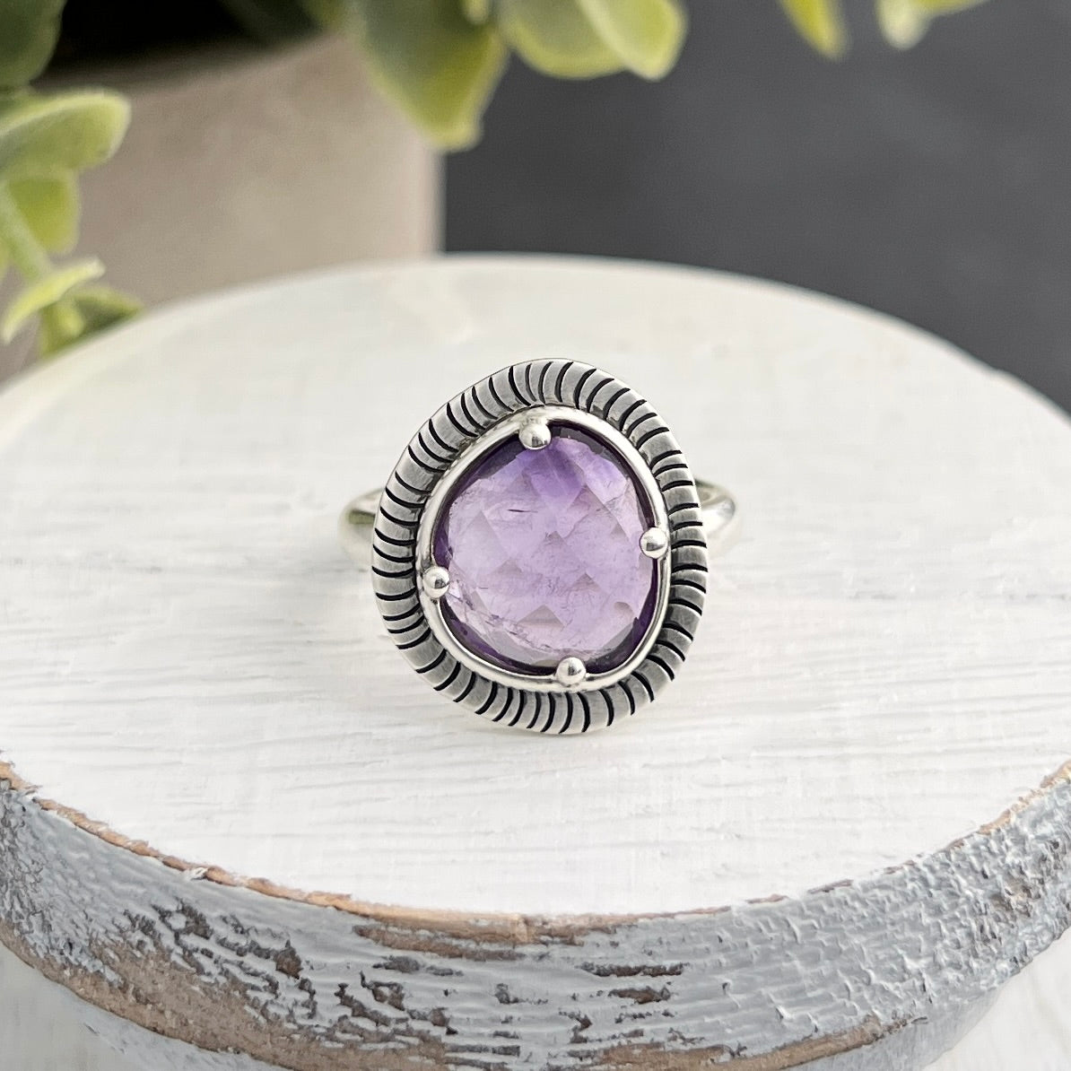 Sterling Silver Amethyst Ring with Decorative Frame
