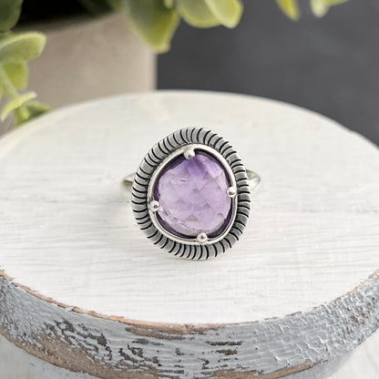 Sterling Silver Amethyst Ring with Decorative Frame