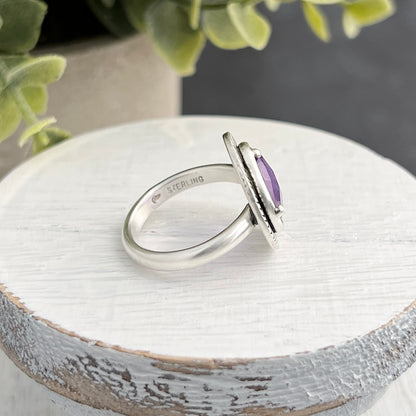 Sterling Silver Amethyst Ring with Decorative Frame