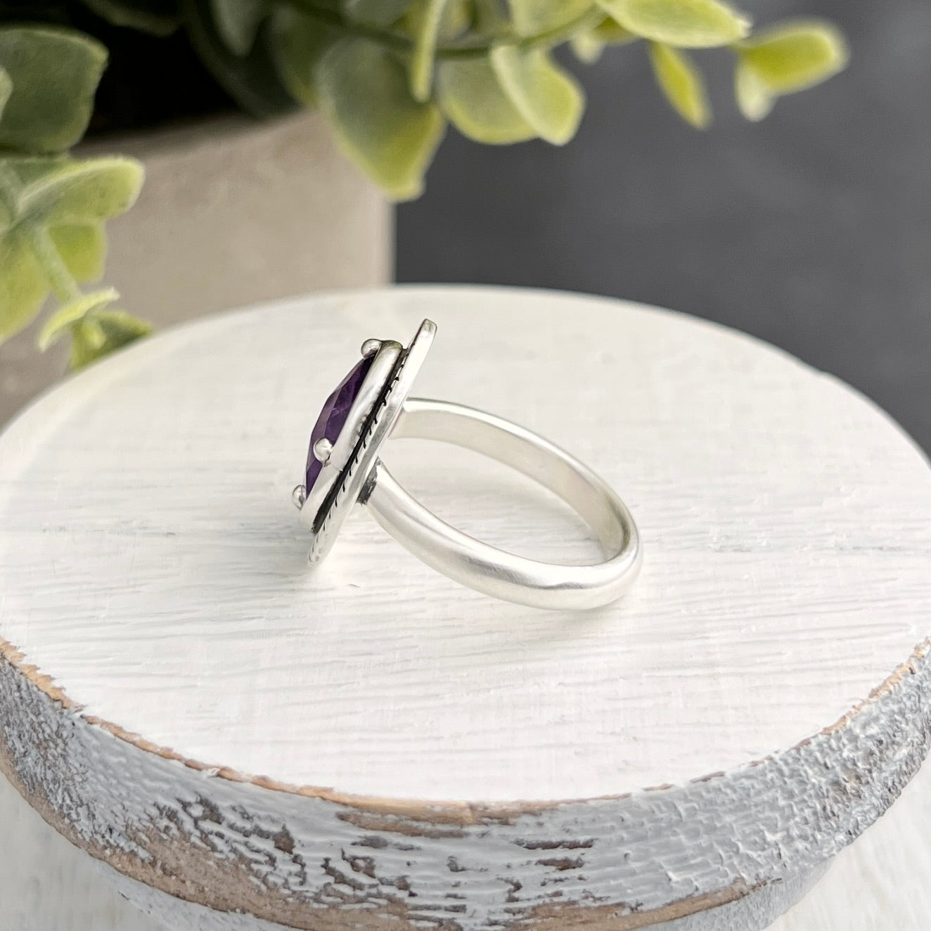 Sterling Silver Amethyst Ring with Decorative Frame