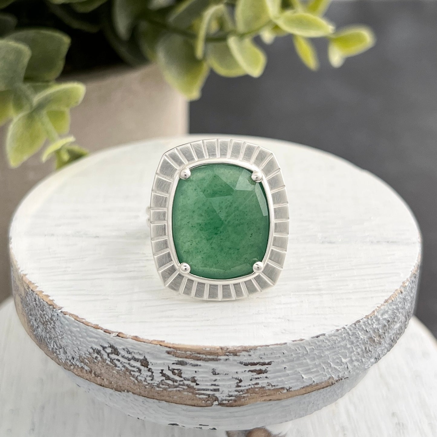 Sterling Silver Rose-Cute Aventurine Ring with Stamped Frame