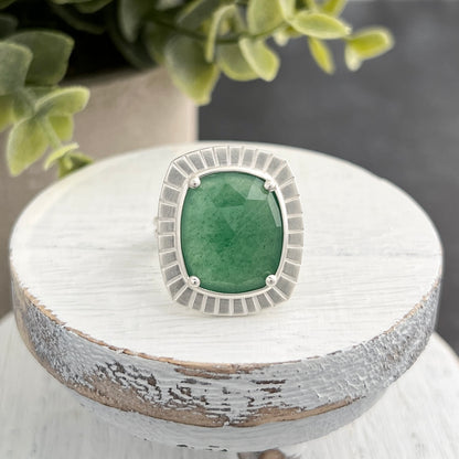 Sterling Silver Rose-Cute Aventurine Ring with Stamped Frame