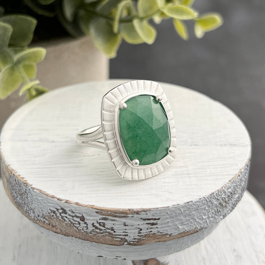 Sterling Silver Rose-Cute Aventurine Ring with Stamped Frame