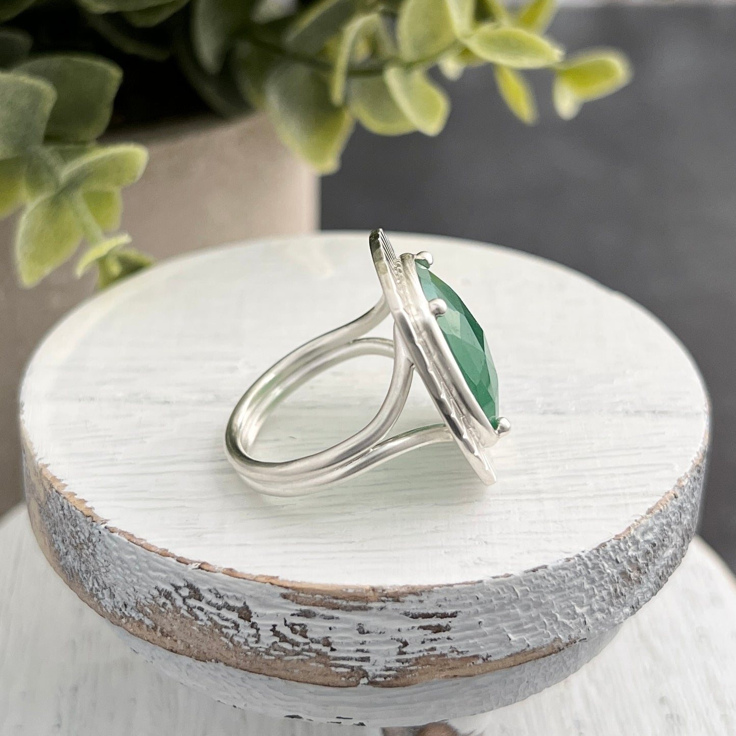 Sterling Silver Rose-Cute Aventurine Ring with Stamped Frame