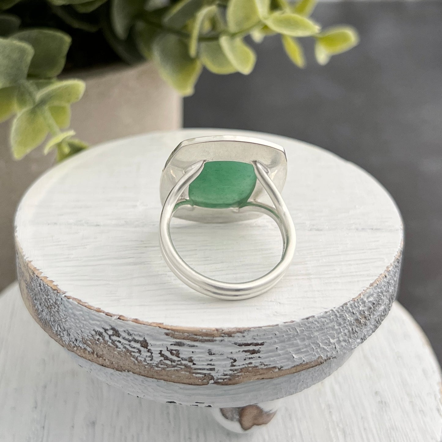 Sterling Silver Rose-Cute Aventurine Ring with Stamped Frame