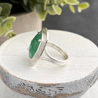 Sterling Silver Rose-Cute Aventurine Ring with Stamped Frame