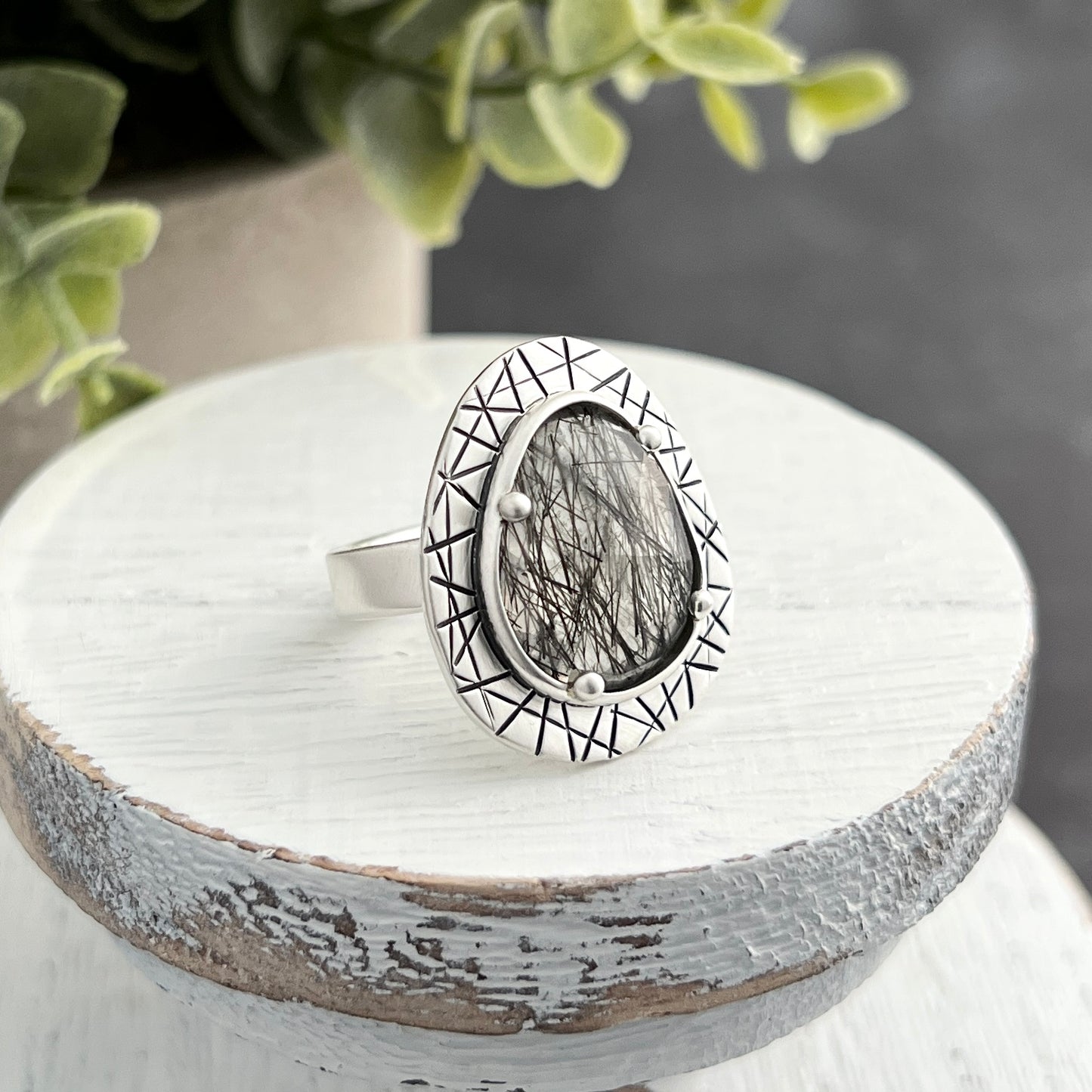 Sterling Silver Black Tourmalinated Quartz Ring with Abstract Stamped Frame