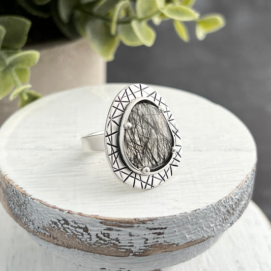 Sterling Silver Black Tourmalinated Quartz Ring with Abstract Stamped Frame