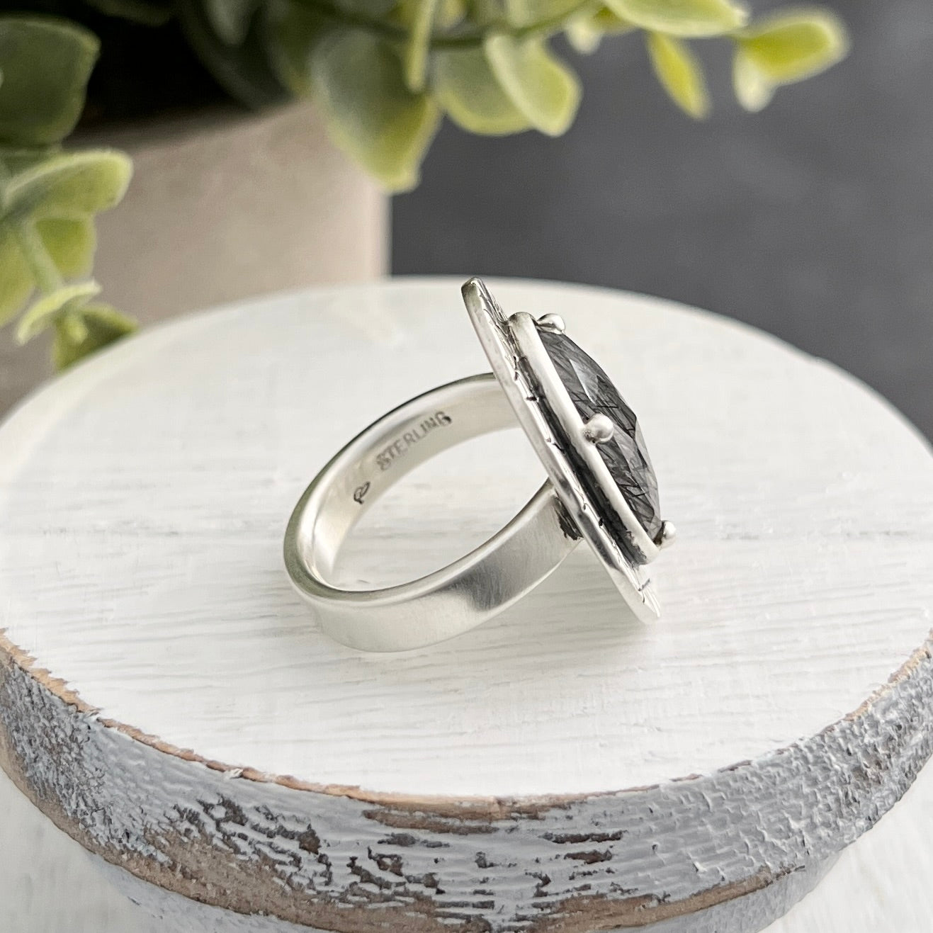 Sterling Silver Black Tourmalinated Quartz Ring with Abstract Stamped Frame