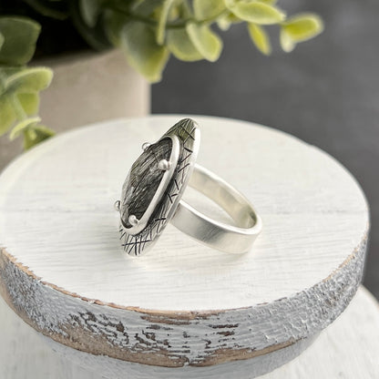Sterling Silver Black Tourmalinated Quartz Ring with Abstract Stamped Frame