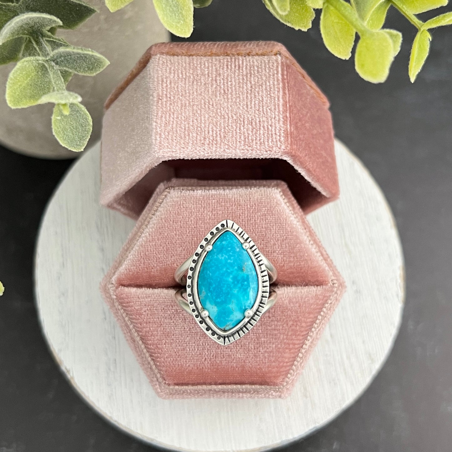 Sterling Silver Marquise Turquoise Ring with Decorative Frame