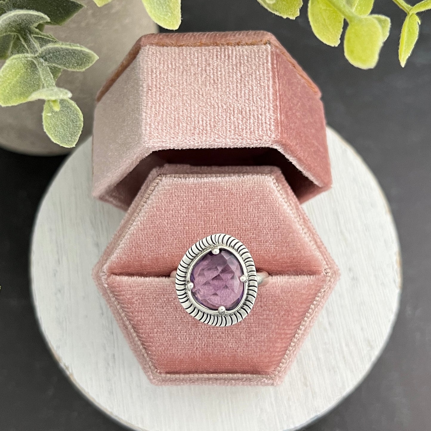 Sterling Silver Amethyst Ring with Decorative Frame