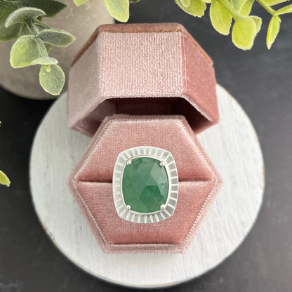 Sterling Silver Rose-Cute Aventurine Ring with Stamped Frame