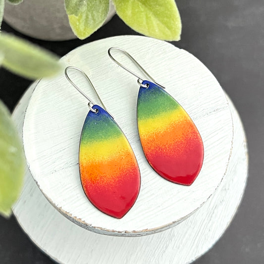 Pointed Teardrop Rainbow Striped Enamel Earrings