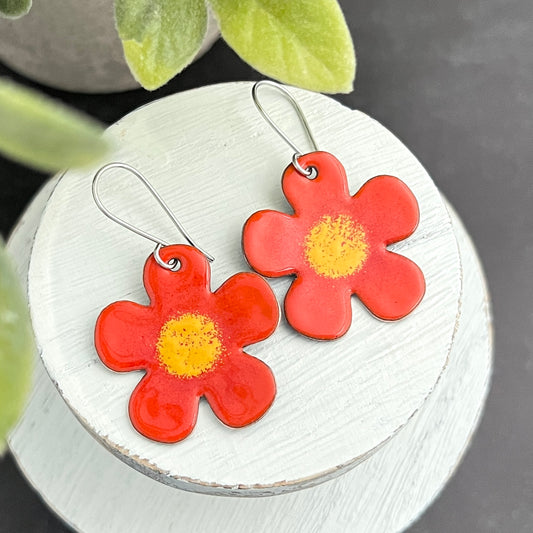 Rounded Five Petal Enamel Flower Earrings