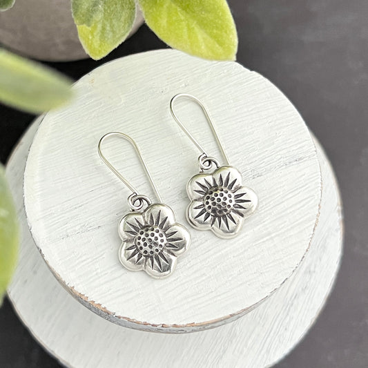 Sterling Silver Puffy Flower Drop Earrings