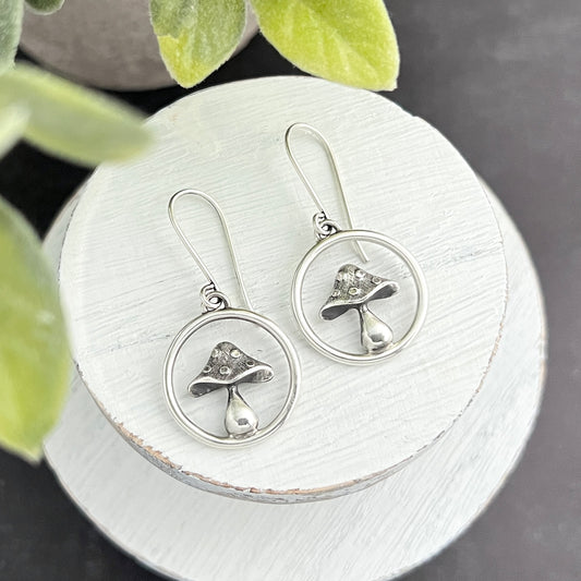 Sterling Silver Encircled Mushroom Dangle Earrings