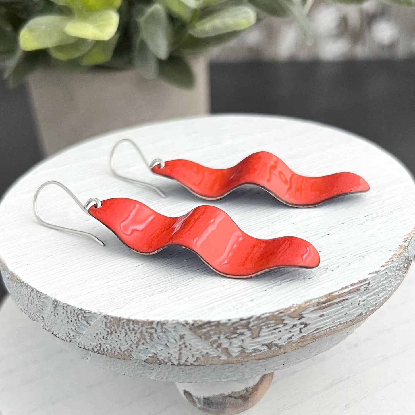 Long Wavy Oval Enamel Earrings